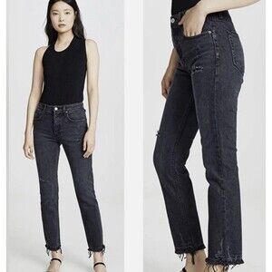 TRAVE Constance Jeans Women’s 30 Black Straight Tapered High Rise Raw Hem